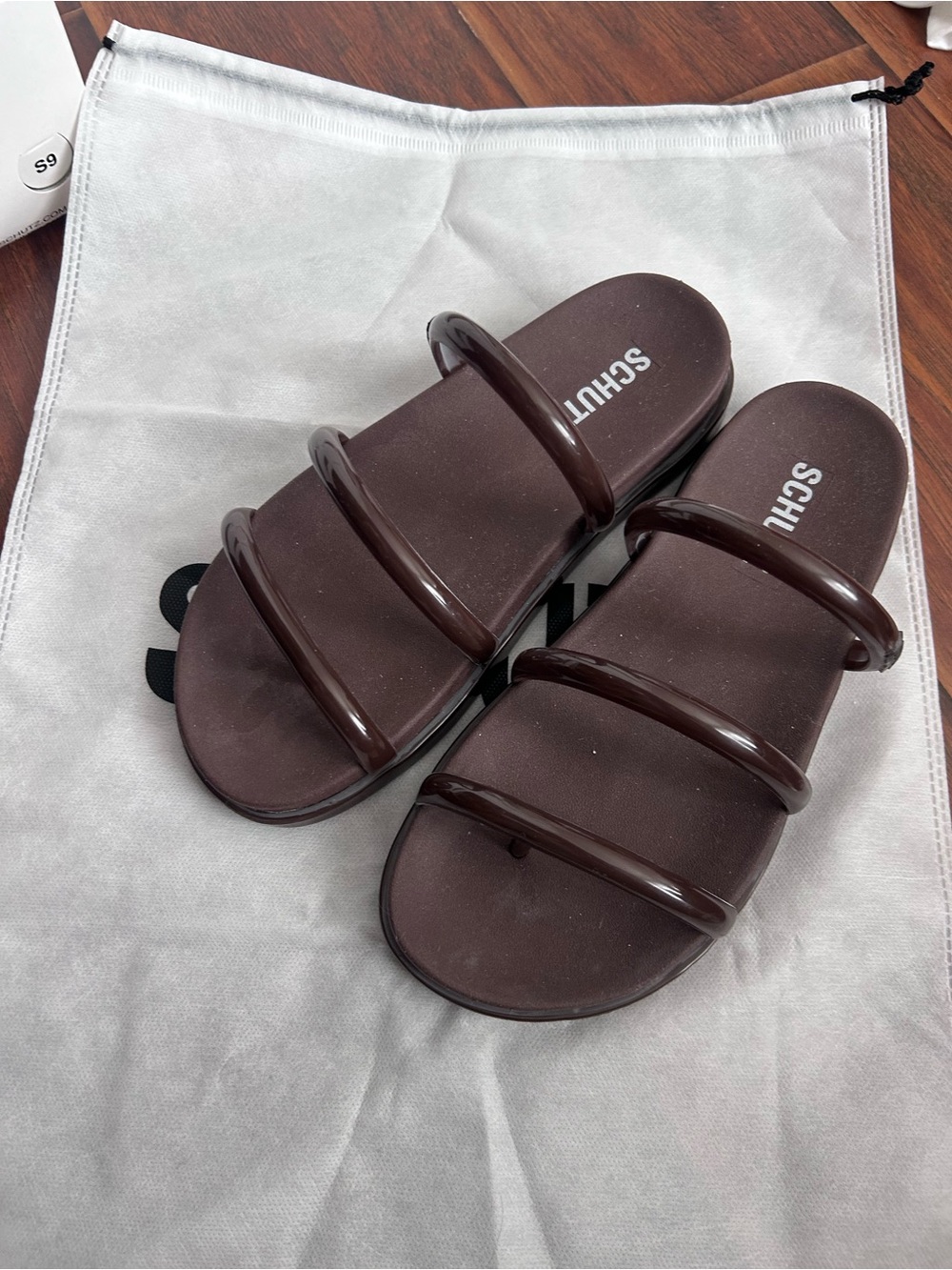Schutz Women’s Brown Triple-Strip Slide Sandals
